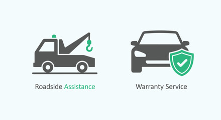 Vector illustration of two icons representing roadside assistance with a tow truck and warranty service with a car and shield