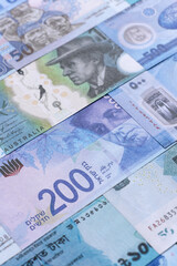 Money background, currency, paper banknotes from different countries. Money cash currency, blue