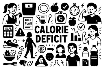 Calorie deficit and weight loss doodle composition with people, healthy food, and fitness icons, Transparent Background