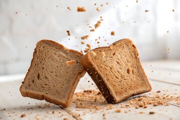 Two brown toasted bread slices with crumbs in close up