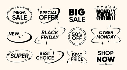 Minmalist sale badges set with text for Black Friday, Cyber ​​Monday, special offers, mega sales, promo, for e-commerce, digital marketing, web ads, social media, seasonal shopping campaigns. Vector