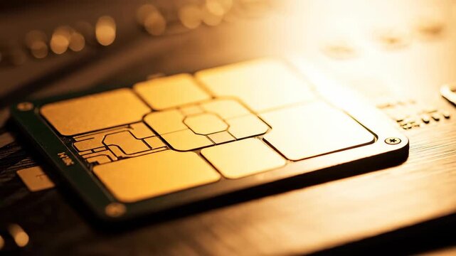Close-up of a glowing gold-colored microchip or SIM card on a dark circuit board, representing advanced technology and data.