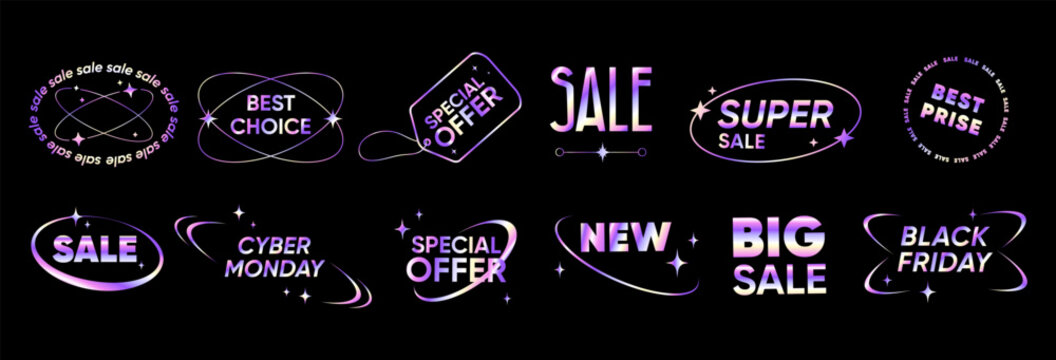 Glowing holographic sale badges set with promo text. Iridescent Promo Labels for digital marketing, online store banners, commerce ads, seasonal promotions, social media campaigns. Vector illustration