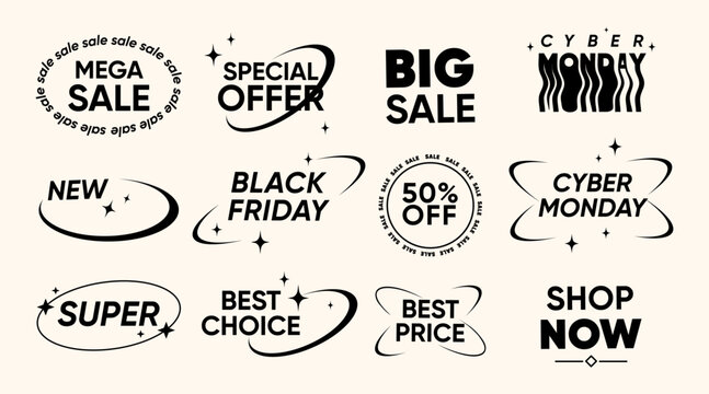 Minmalist sale badges set with text for Black Friday, Cyber Monday, special offers, mega sales, promo, for e-commerce, digital marketing, web ads, social media, seasonal shopping campaigns. Vector - Powered by Adobe