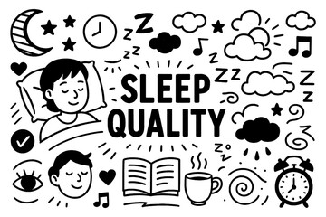 Sleep quality and healthy rest doodle composition with people, clocks, and bedtime icons, Transparent Background