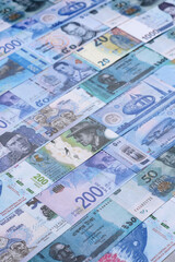 Money background, currency, paper banknotes from different countries. Money cash currency, blue