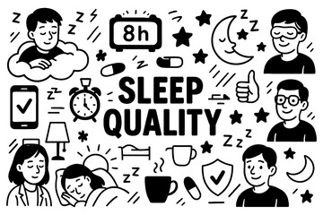 Sleep quality and healthy rest doodle composition with people, clocks, and bedtime icons, Transparent Background
