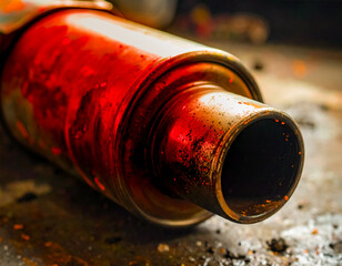Macro closeup of a part of a catalytic converter spray painted with bright orange paint isolated on a dark background. Automotive design element.