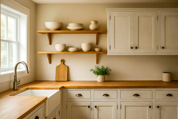 charming kitchen with white cabinets, light wood countertops, and open shelving displaying ceramic dishes. A farmhouse sink and a potted plant are also shown. interiors background.