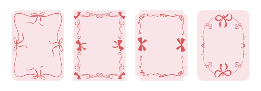 Romantic Feminine Bow and Ribbon Frame Templates for wedding invitations, baby shower cards, feminine branding, printable stationery, labels, and packaging designs.Whimsical Pink Bow Frames Vector