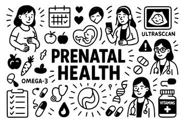Prenatal health and pregnancy care doodle composition with doctors, vitamins, and ultrasound, Transparent Background