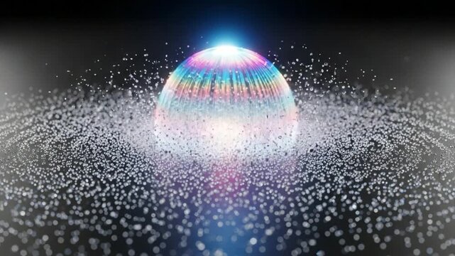 Abstract Glowing Sphere With Rainbow Light Streaks Surrounded By White Particles Against A Dark Gradient Background