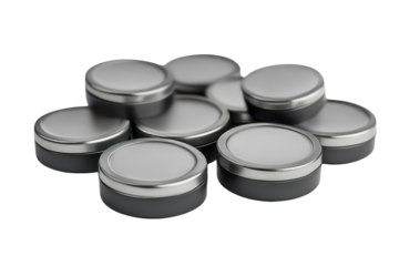 Heap of small round silver metal battery isolated on transparent background. Button battery isolated on white background.