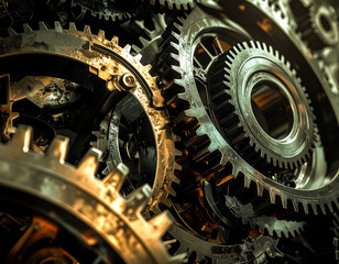 macro close-up view of intricate, interlocking metal gears. illustration or concept of precision engineering. abstract manufacturing or industry background.
