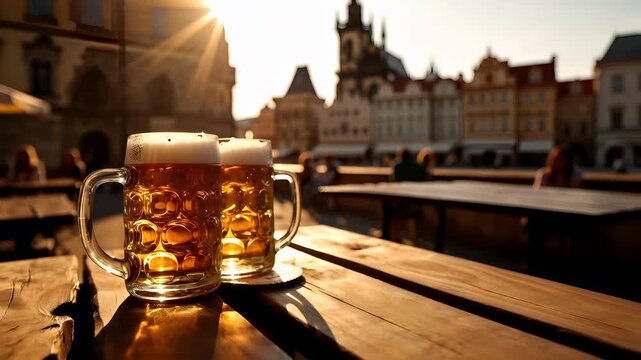 Prague, Czech Republic, Europe. A closeup shot of a wooden table with two mugs of beer on it, set against a backdrop of a cityscape during sunset. The mugs are filled with ambercolored beer.