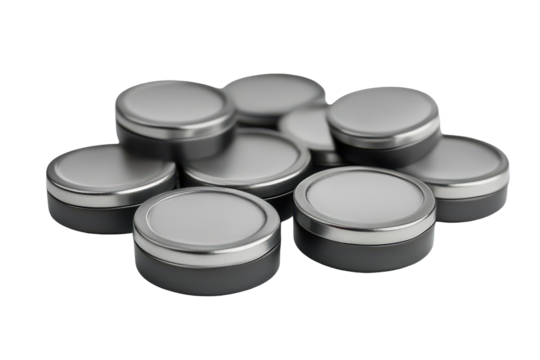 Heap of small round silver metal battery isolated on transparent background. Button battery isolated on white background.