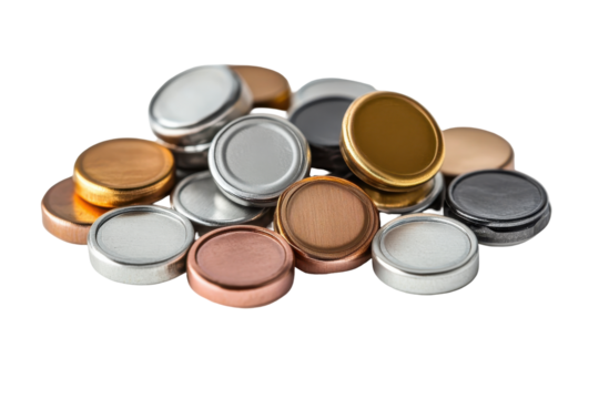 Heap of small round metal battery isolated on transparent background. Button battery isolated on white background.