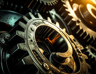macro close-up of metal gears at an angle. illustration or concept of precision engineering. abstract manufacturing or industry background.