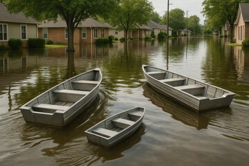 Obraz premium Boats navigate submerged suburban street after extensive flooding event incident situation