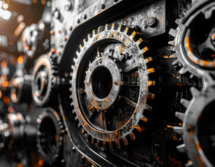 A close-up view of intricate metal gears. illustration or concept of precision engineering. abstract manufacturing or industry background.