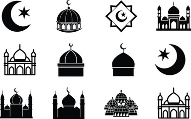 Islamic Mosque Icon Set Crescent Moon, Star, and Dome Silhouette Collection for Ramadan and Eid Design