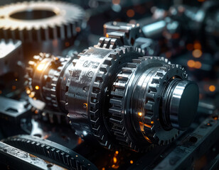 a close-up view of intricate, metallic industrial gears and components.  gearbox, complex machinery assembly. precision engineering and mechanical complexity abstract background.