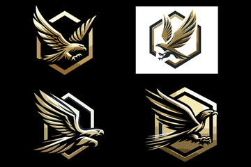 This is a vector image of a golden eagle logo pouncing, suitable for use in logo designs for printing companies, studios, broadcasts, screen printing, plastic, t-shirts, shoes, jerseys, books, sticker