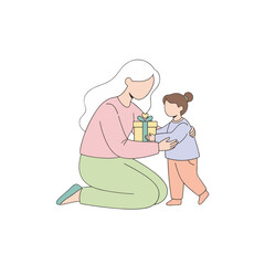 Mother Giving a Gift to Her Child Simple Flat Vector Illustration Pastel Colors Gentle Moment of Giving and Receiving Present Peaceful Family Interaction Minimalist Style