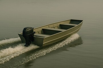 Olive green jon boat speeding across the glassy surface of a tranquil lake on an adventure