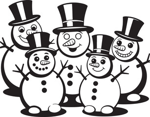 Group of happy snowmen wearing top hats in a winter scene