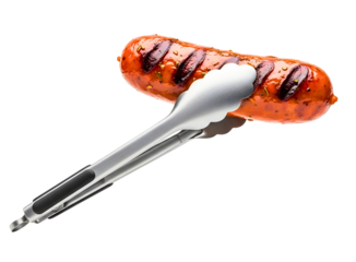 Grilled sausage held with tongs isolated on transparent background
