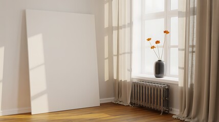 Minimalist Interior with Blank Canvas and Flowers