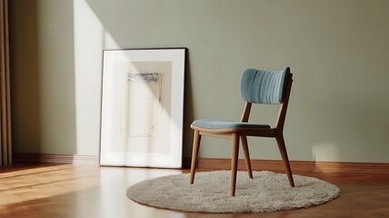 Minimalist Interior with Blue Chair and Artwork