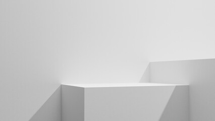 White table copy space mock up abstract background with soft sunlight and shadows, white advertisement design mock up empty copy space. Gray wall and podium background for presentations wallpaper