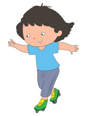 Cute girl roller skating on white background