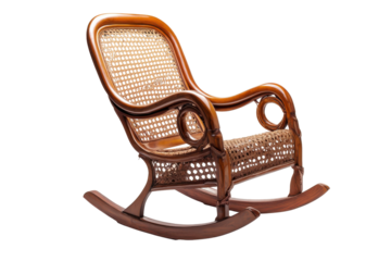 Antique wooden rocking chair isolated on transparent background. Classic wooden rocking chair with high back isolated on white background.