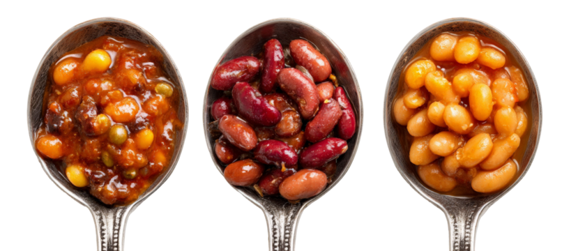 A close-up view of three different types of beans served in silver spoons, showcasing their vibrant colors and textures against a plain black background, ideal for culinary or food-related content