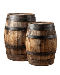 Two wooden barrels, different sizes, stacked.  Dark brown wood, aged, and rustic