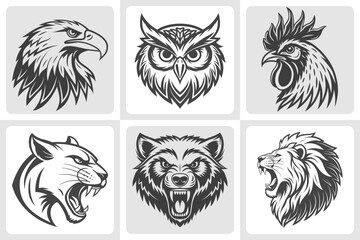 Wild animals and birds: eagle, owl, rooster, cougar, wolverine, lion. Vector logo with сlear editable lines for sports logos, mascots, or wildlife design. Stylized fierce heads in tattoo style.