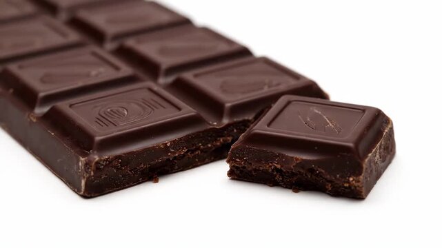 Dark chocolate bar with one square piece broken off isolated on a white background.