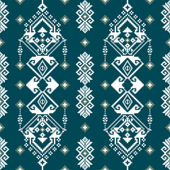 A geometric pattern featuring intricate designs in white and muted colors against a rich teal background.