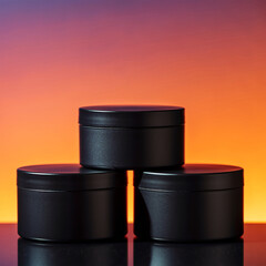 Fototapeta na wymiar Stack of Black Cosmetic Jar Mockups with Vibrant Gradient Background