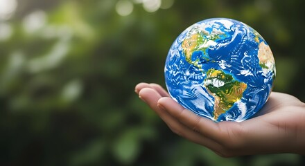 Human hand gently holding a miniature earth globe in a lush green natural environment