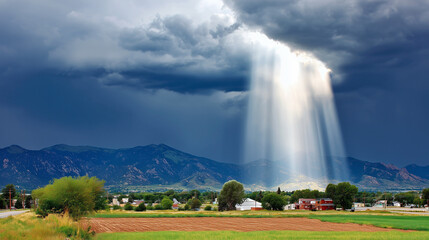 darkness. Beam of sunlight breaking through dark storm clouds, illuminating the ground. travel magazines, destination branding, designed for outdoor magazines and nature guides.