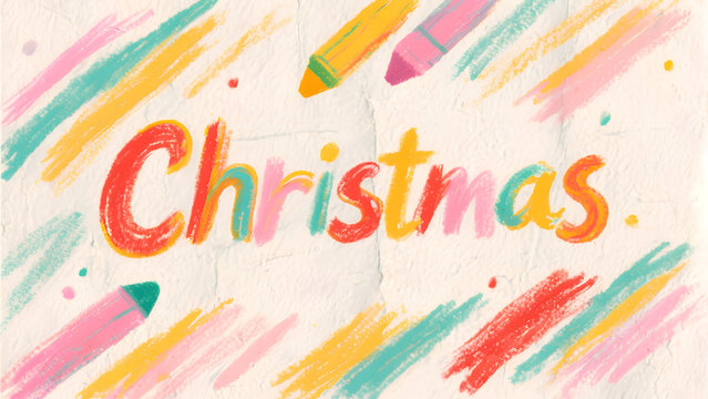 A festive Christmas greeting with colorful crayon drawings on textured paper, perfect for holiday designs and children's themes.