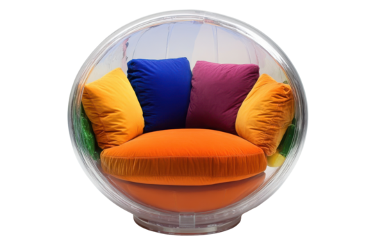 Modern hanging chair filled with colorful cushions isolated on transparent background. Colorful round armchair with multicolored cushions isolated on white background.