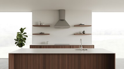 Modern Kitchen Island with Fiddle Leaf Fig and Minimalist Shelving
