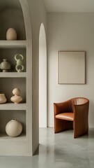 Modern Interior with Sculptural Decor and Leather Chair