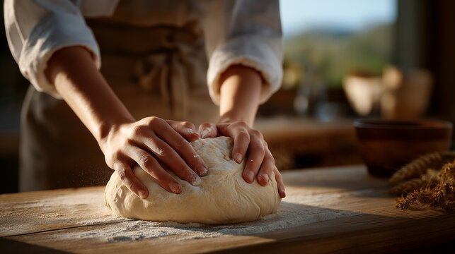 Hands covered in flour while kneading bread dough on a rustic wooden table, flour dust floating in soft morning light — concept of homemade cooking, artisanal baking, slow food culture, comfort - Powered by Adobe