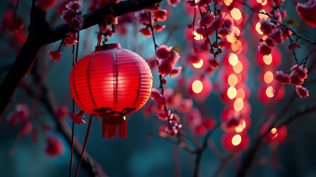 Chinese lunar new year Chunjie celebration concept. red lanterns and cherry blossoms at dusk with bokeh lightsred paper lantern with tassels and floral design.